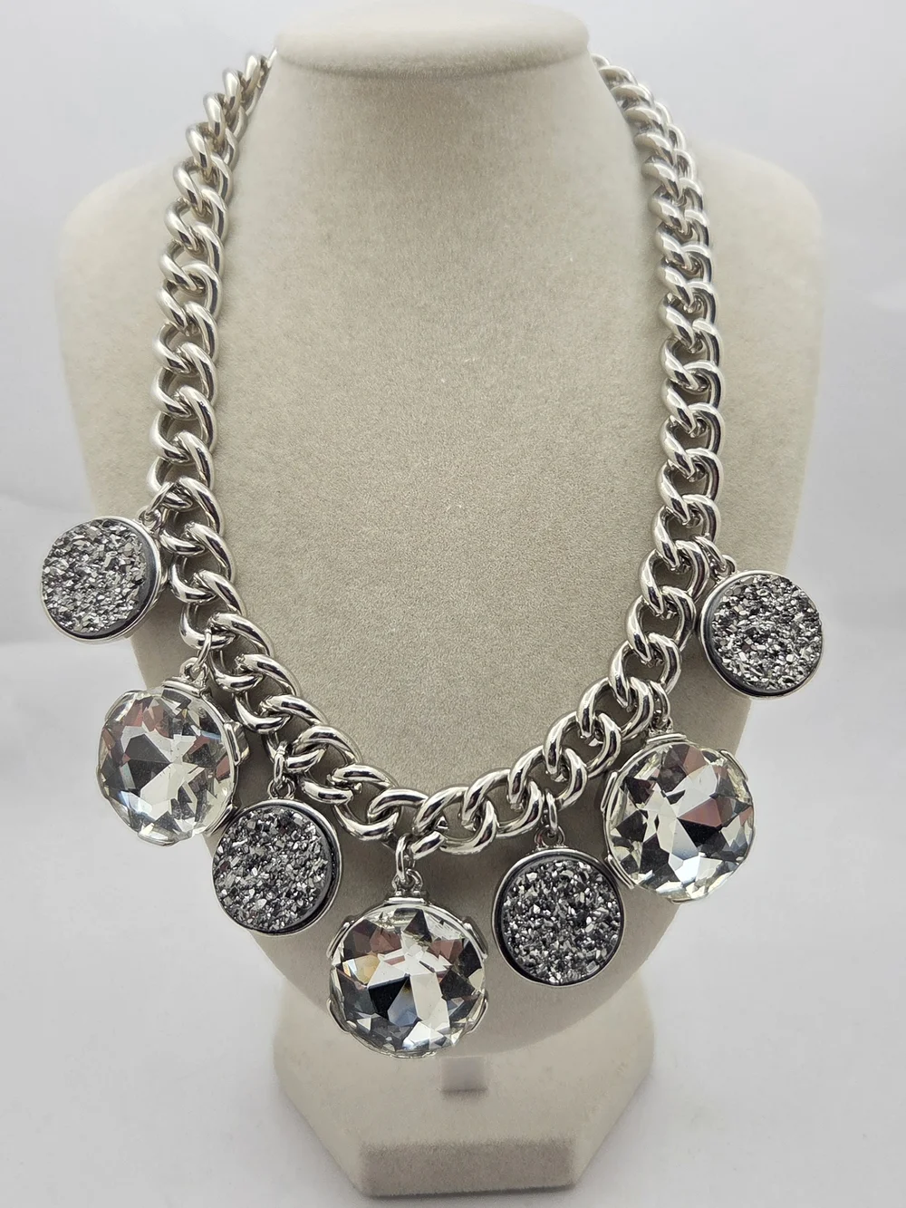 Chico's Silver Tone Chunky Chain Statement Necklace Faux Druzy Crystal 20